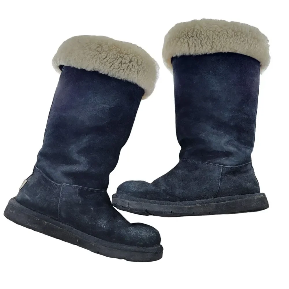 UGG Upside 5163 Boots Size 6 Tall Black Suede Lace Up Sides Studded Sherpa Lined
